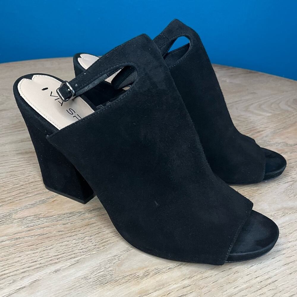 Via Spiga Prim Block Heel Sandal Black Suede Mule Women’s Size 9.5